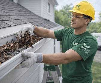 Worker cleaning house gutters with gloves and ladder